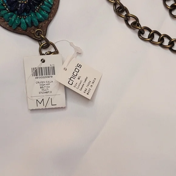 Chico's Leather Bronze Hip Belt Torquoise Teal Blue Stones Chain Concho Boho Y2K - Picture 6 of 7